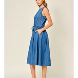 denim belted paneled midi dress