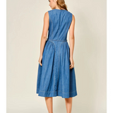 denim belted paneled midi dress