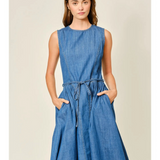 denim belted paneled midi dress