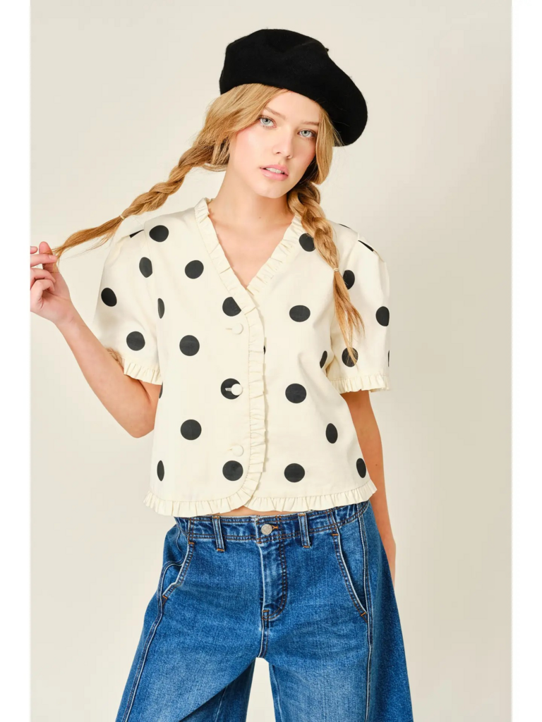 cream ruffle edge dot print short sleeve jacket