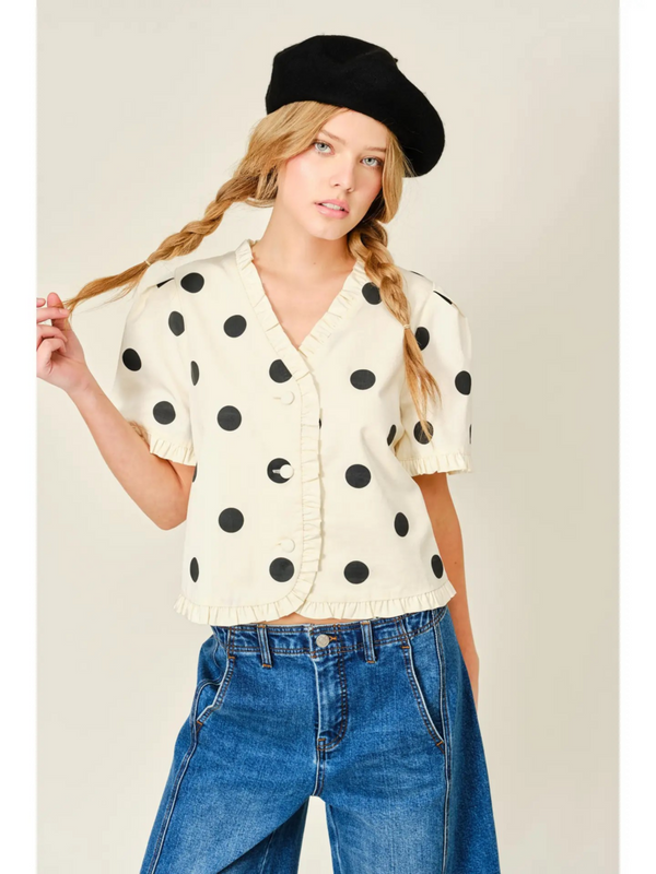 cream ruffle edge dot print short sleeve jacket