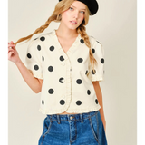 cream ruffle edge dot print short sleeve jacket