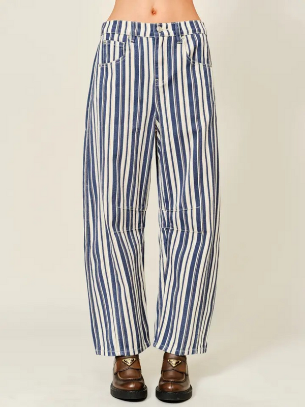 navy stripe barrel pants