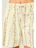 cream flower embroidered shorts with drawstring waist