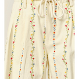 cream flower embroidered shorts with drawstring waist