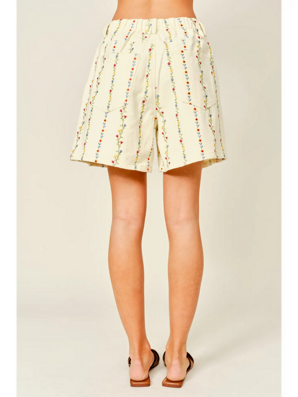cream flower embroidered shorts with drawstring waist