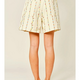 cream flower embroidered shorts with drawstring waist