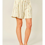 cream flower embroidered shorts with drawstring waist