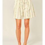 cream flower embroidered shorts with drawstring waist