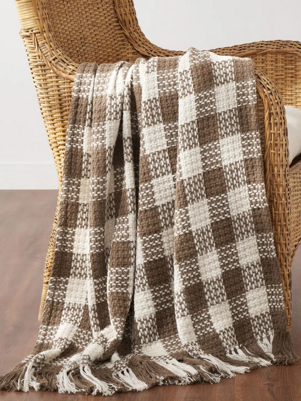 Cocoa Brown Woven Check Throw Blanket with Fringe 50x60