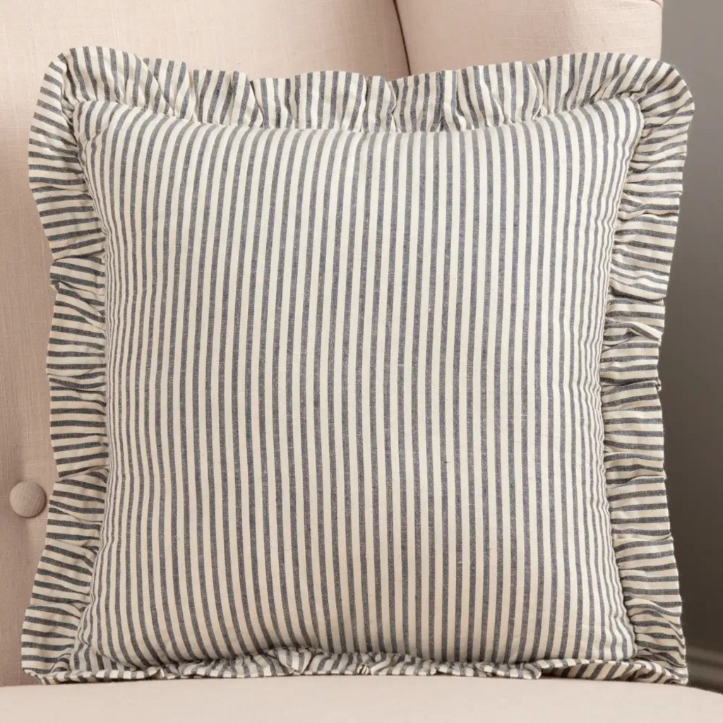 Farmhouse Ticking Stripe Pillow 12x12 – Blue Seersucker