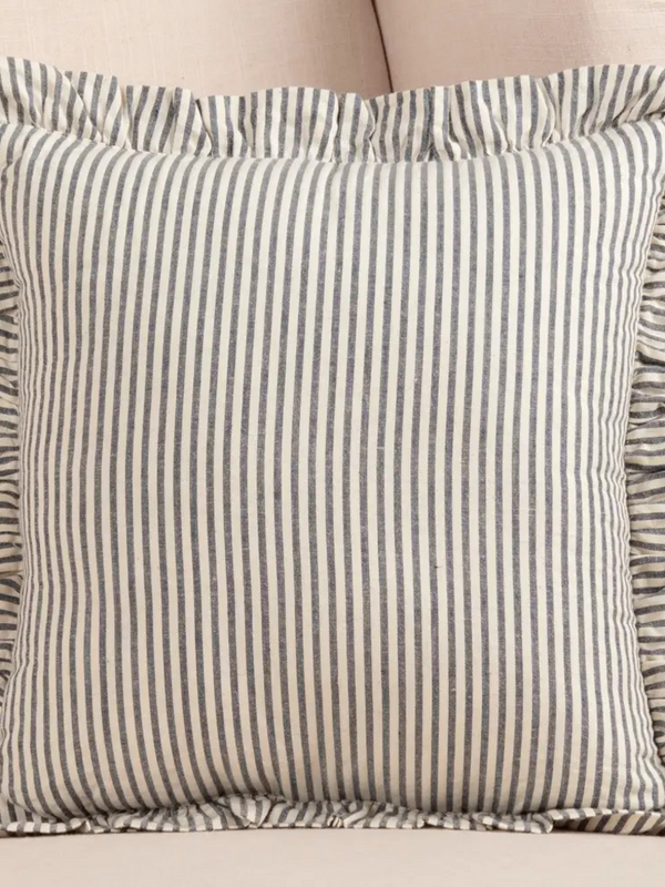 Farmhouse Ticking Stripe Pillow 12x12 – Blue Seersucker