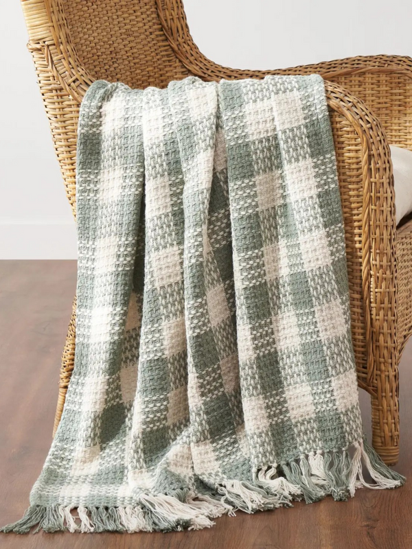 Pistachio Woven Check Throw Blanket with Fringe 50x60