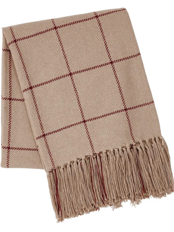 Windowpane Throw Blanket Tan Burgundy 50x60