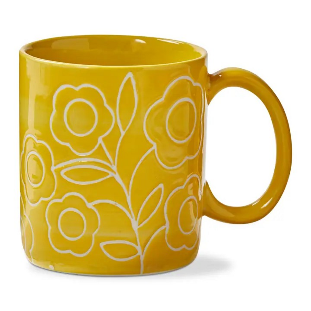 Yellow Stoneware Everyday Mug With Floral Pattern