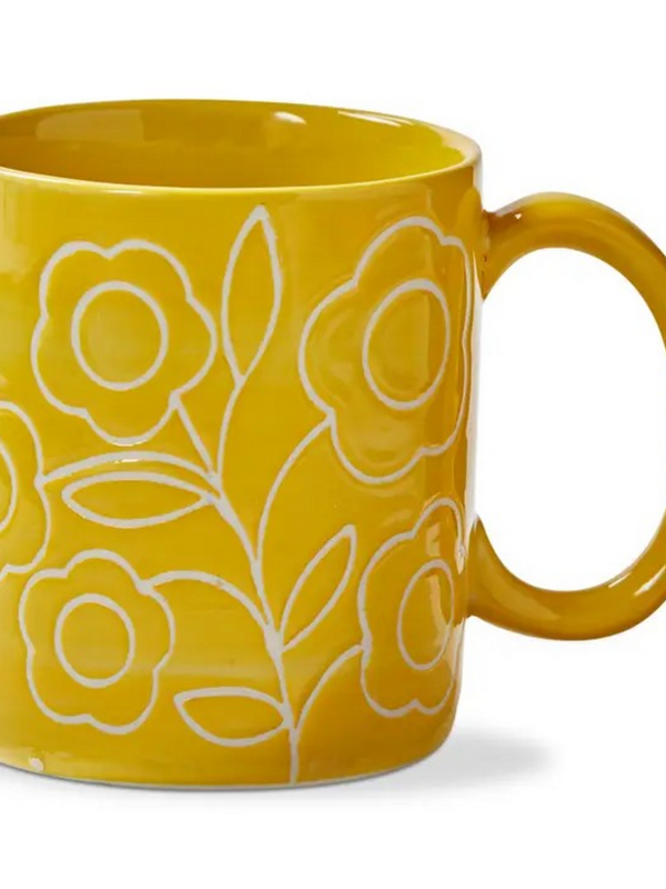 Yellow Stoneware Everyday Mug With Floral Pattern