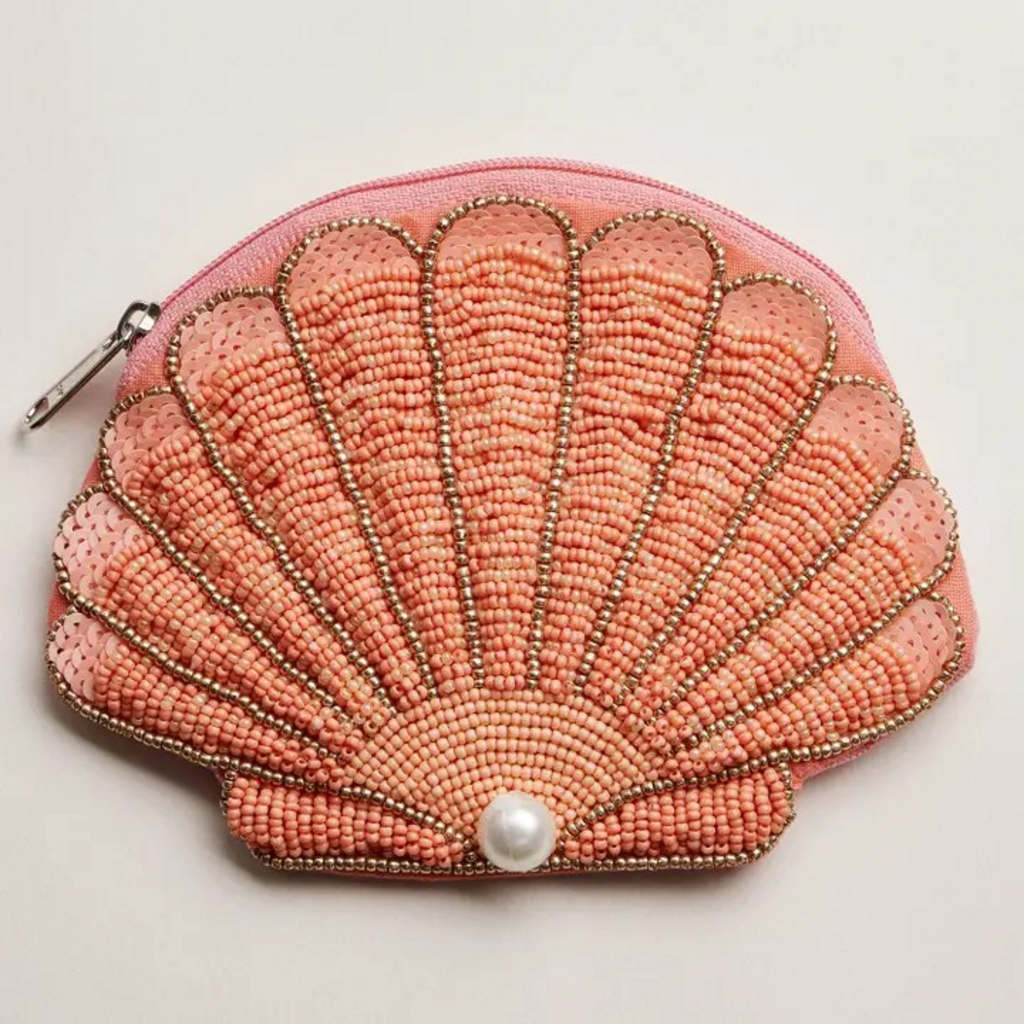 coral seashell beaded coin purse with pearl accent