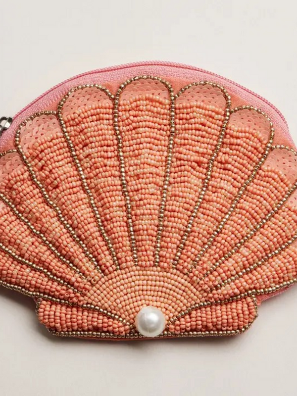 coral seashell beaded coin purse with pearl accent