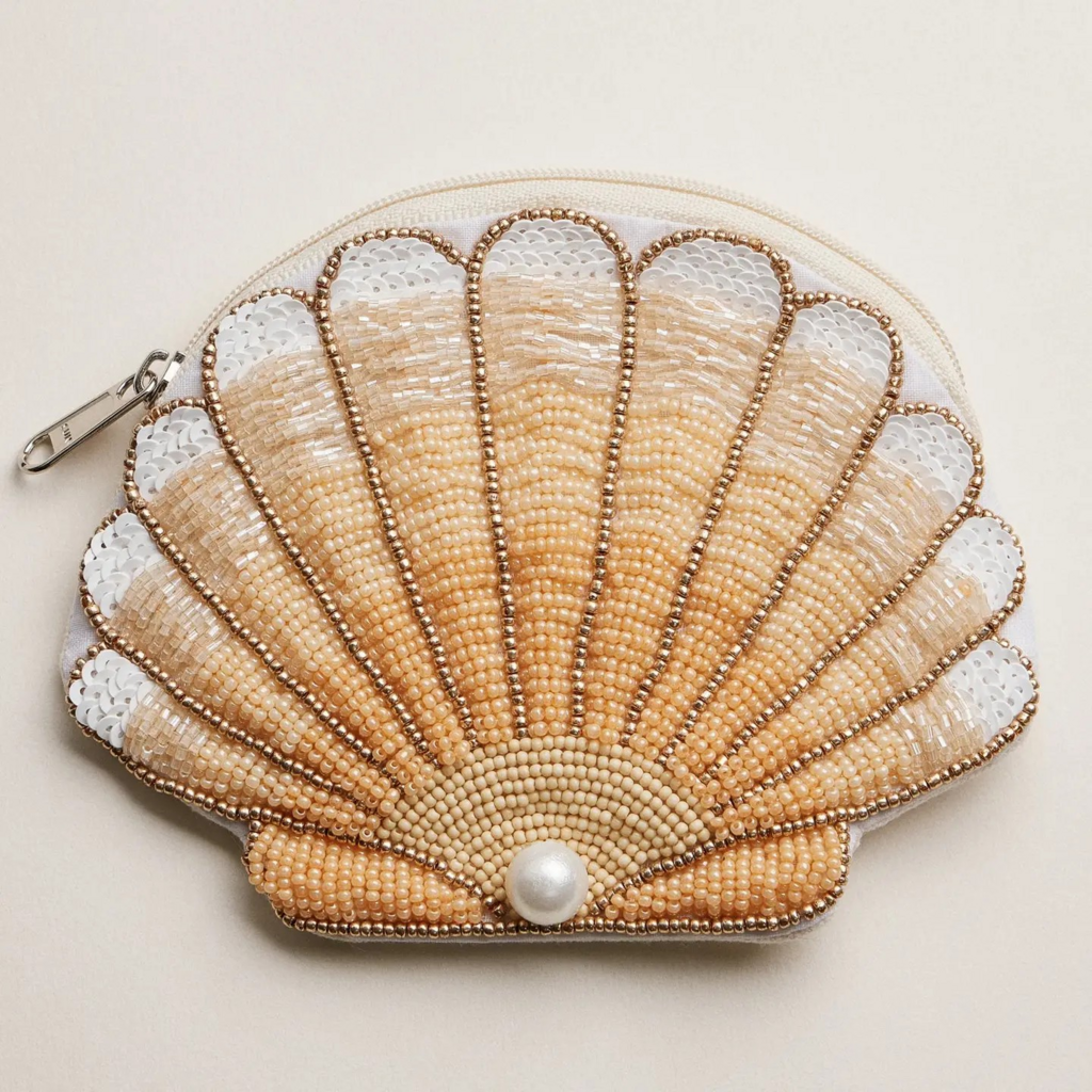 natural seashell beaded coin purse with pearl accent