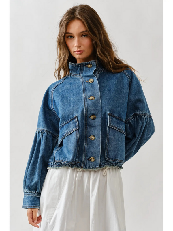 denim balloon sleeve jacket with drawstring waist