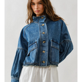 denim balloon sleeve jacket with drawstring waist