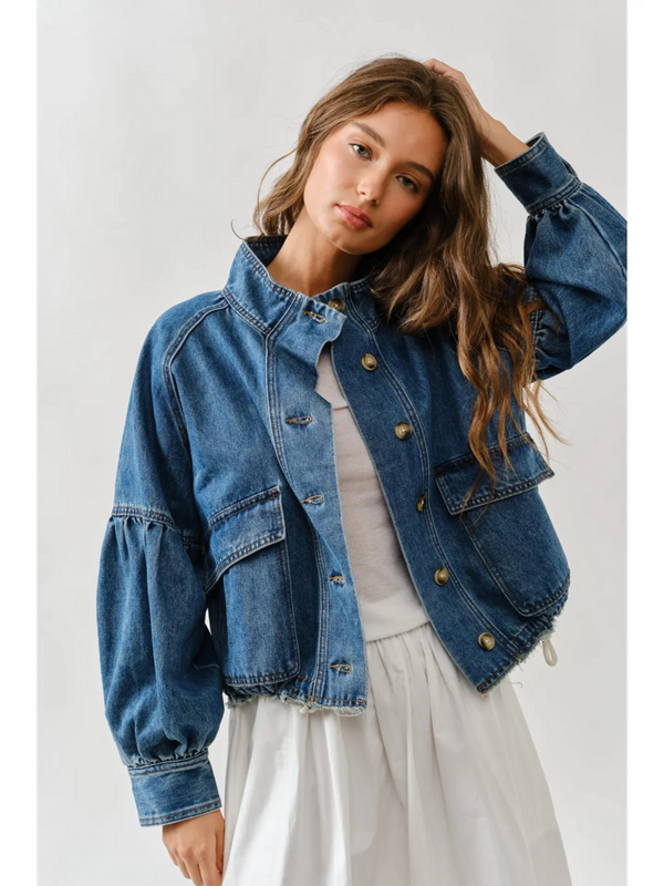 denim balloon sleeve jacket with drawstring waist