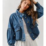 denim balloon sleeve jacket with drawstring waist
