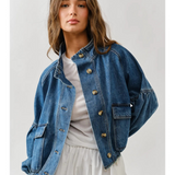 denim balloon sleeve jacket with drawstring waist