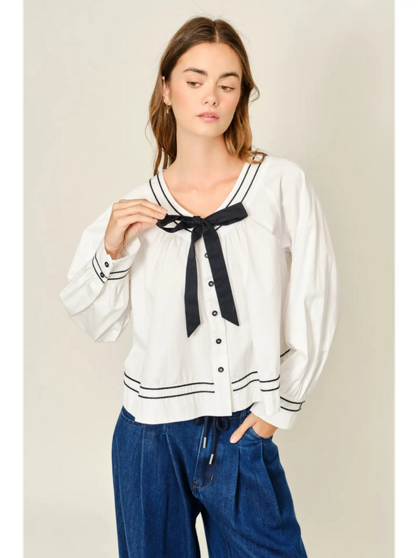 off white baby doll ribbon button down blouse