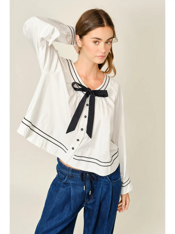 off white baby doll ribbon button down blouse
