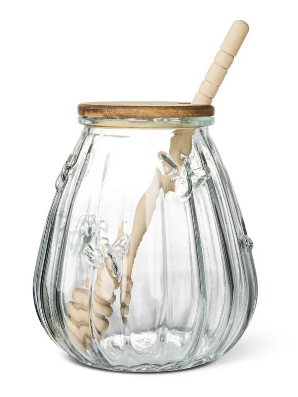 15oz Embossed Bee Glass Honey Jar W Acacia Lid & Wood Dipper