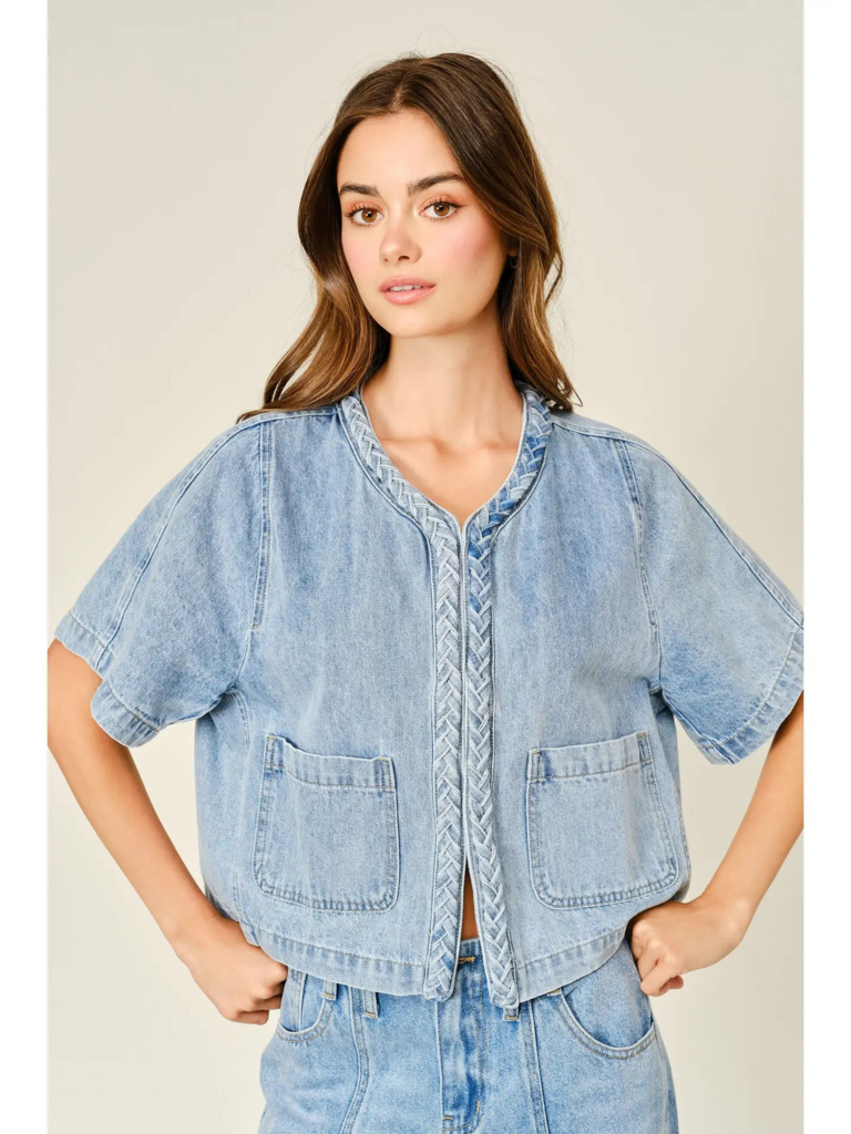 denim braided detail short sleeve cardigan