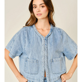 denim braided detail short sleeve cardigan