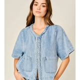 denim braided detail short sleeve cardigan