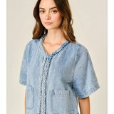 denim braided detail short sleeve cardigan