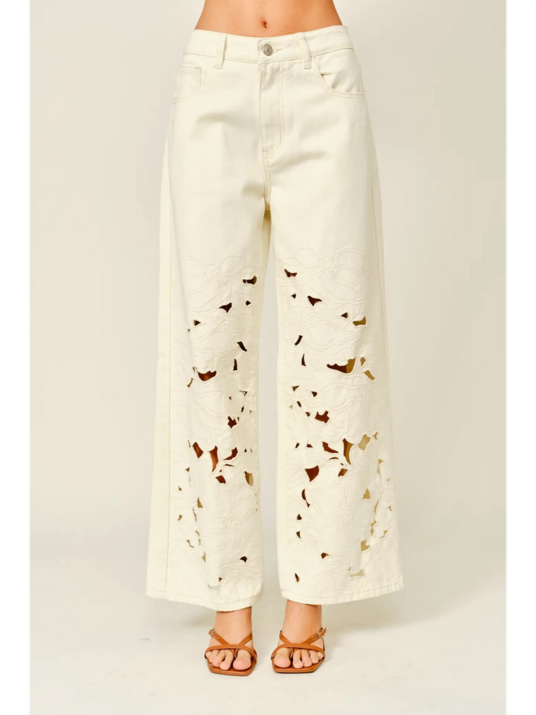 cream cut out embroidered straight leg pants