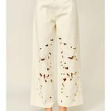 cream cut out embroidered straight leg pants