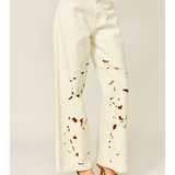 cream cut out embroidered straight leg pants