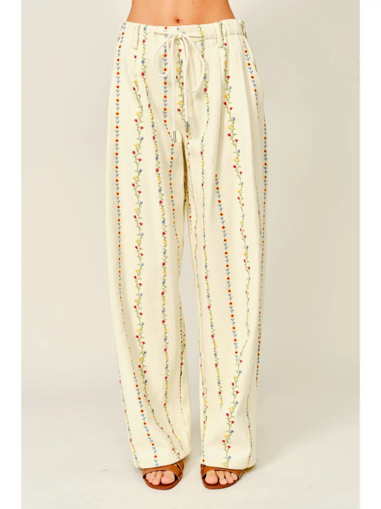 cream flower embroidered pleated wide pants with drawstring