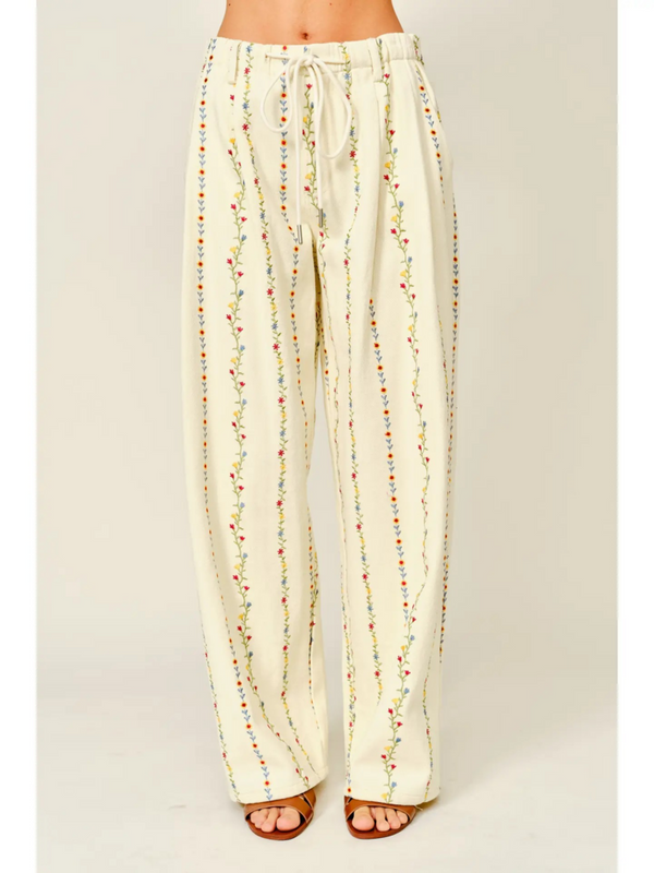 cream flower embroidered pleated wide pants with drawstring