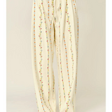 cream flower embroidered pleated wide pants with drawstring
