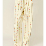 cream flower embroidered pleated wide pants with drawstring