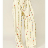 cream flower embroidered pleated wide pants with drawstring