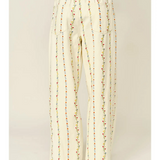 cream flower embroidered pleated wide pants with drawstring