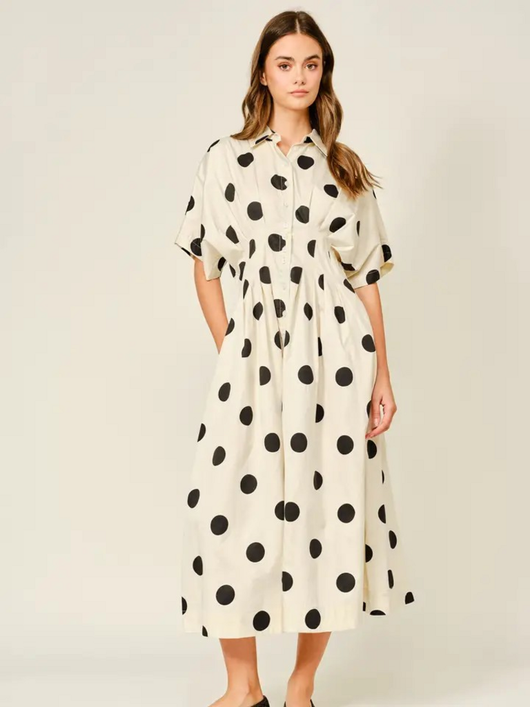 cream and black polka dot pintuck midi shirt dress