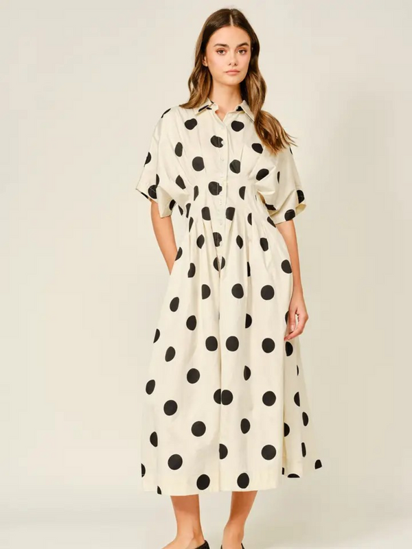 cream and black polka dot pintuck midi shirt dress