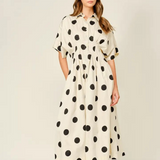 cream and black polka dot pintuck midi shirt dress