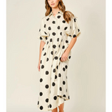 cream and black polka dot pintuck midi shirt dress