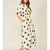cream and black polka dot pintuck midi shirt dress