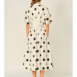 cream and black polka dot pintuck midi shirt dress